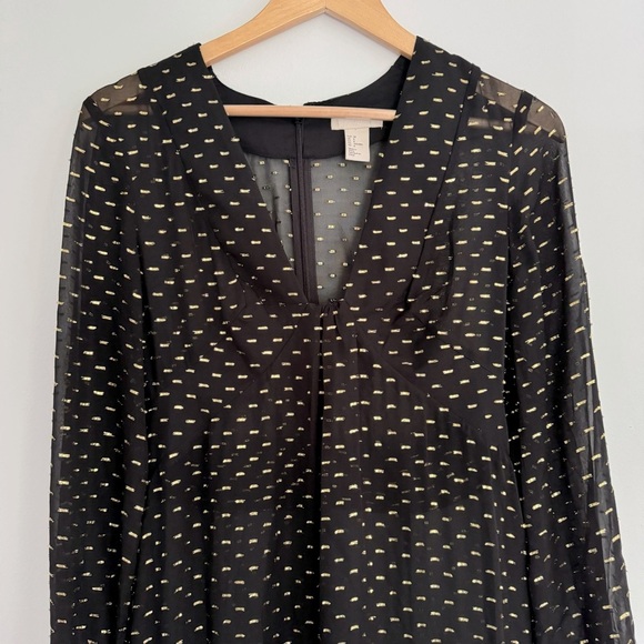 HM Long Sleeve Sheer Maxi Dress 94% Silk Black and Gold Size 8 - Picture 3 of 16